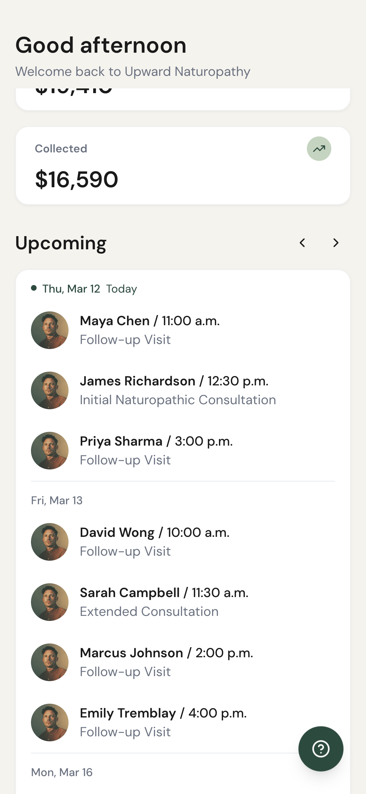Dashboard with upcoming appointments on mobile