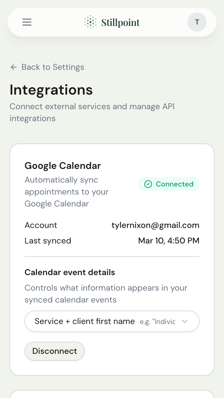 Google Calendar integration settings